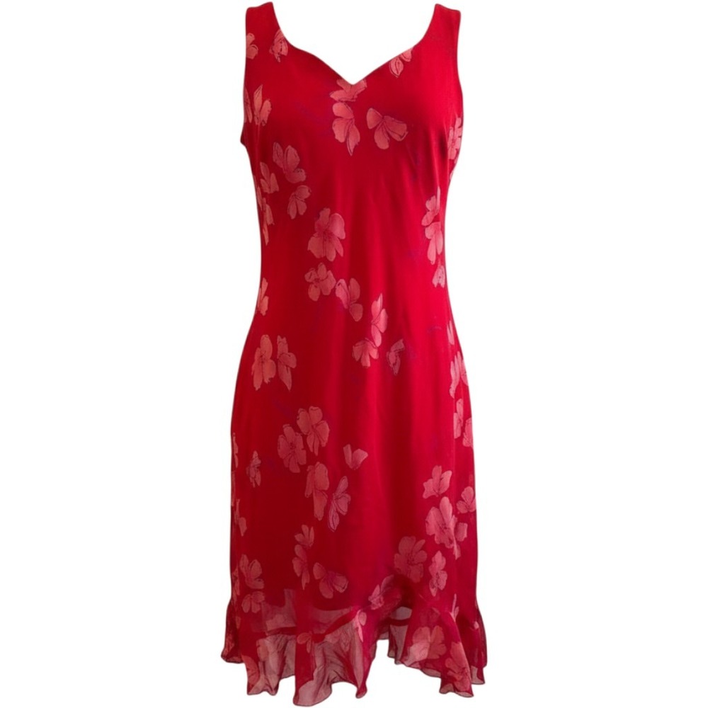 Believe Red Pink Floral V-Neck Ruffle Hem Sleeveless Midi Dress Summer Y2K Style